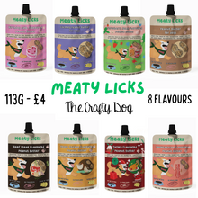 Load image into Gallery viewer, Meaty Licks Peanut Butter Pouches - 113g / 4oz - Beef Steak, Roast Chicken, Roast Turkey, Smokey Bacon, Birthday Cake, Calming, Strawberry Jam & Original Peanut Butter