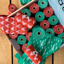 Load image into Gallery viewer, Adios Poop Bags Individual Rolls - Winter Edition - Red Reindeer or Green Pine Trees