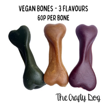 Load image into Gallery viewer, Vegan Mini Bones - 3 Flavours - 7cm - Banana + Peanut Butter, Apple + Spinach or Sweet Potato +