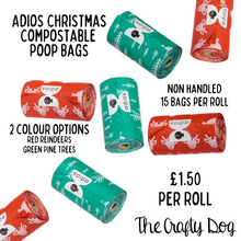 Load image into Gallery viewer, Adios Poop Bags Individual Rolls - Winter Edition - Red Reindeer or Green Pine Trees