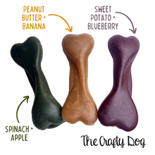 Load image into Gallery viewer, Vegan Mini Bones - 3 Flavours - 7cm - Banana + Peanut Butter, Apple + Spinach or Sweet Potato +