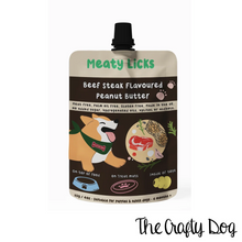 Load image into Gallery viewer, Meaty Licks Peanut Butter Pouches - 113g / 4oz - Beef Steak, Roast Chicken, Roast Turkey, Smokey Bacon, Birthday Cake, Calming, Strawberry Jam & Original Peanut Butter