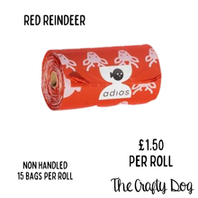 Load image into Gallery viewer, Adios Poop Bags Individual Rolls - Winter Edition - Red Reindeer or Green Pine Trees