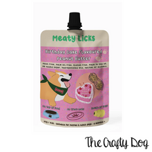 Load image into Gallery viewer, Meaty Licks Peanut Butter Pouches - 113g / 4oz - Beef Steak, Roast Chicken, Roast Turkey, Smokey Bacon, Birthday Cake, Calming, Strawberry Jam & Original Peanut Butter