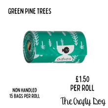 Load image into Gallery viewer, Adios Poop Bags Individual Rolls - Winter Edition - Red Reindeer or Green Pine Trees