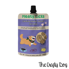 Load image into Gallery viewer, Meaty Licks Peanut Butter Pouches - 113g / 4oz - Beef Steak, Roast Chicken, Roast Turkey, Smokey Bacon, Birthday Cake, Calming, Strawberry Jam & Original Peanut Butter