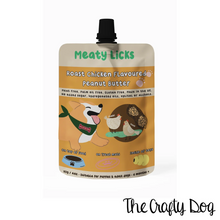 Load image into Gallery viewer, Meaty Licks Peanut Butter Pouches - 113g / 4oz - Beef Steak, Roast Chicken, Roast Turkey, Smokey Bacon, Birthday Cake, Calming, Strawberry Jam & Original Peanut Butter