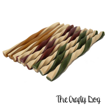 Load image into Gallery viewer, Vegan Dog Chews - Fruit Straw Twists - 3 Flavours - Peanut Butter & Banana, Spinach & Apple or Sweet Potato & Blueberry