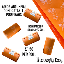 Load image into Gallery viewer, Adios Poop Bags Individual Rolls - Autumnal Orange Edition - Pumpkins Acorns PSL