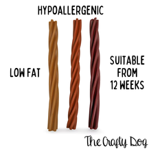 Load image into Gallery viewer, 25cm Long Dog Chew - Twist Dental Stick - Vegan - Peanut Butter, Carrot + Pumpkin or Smoked BBQ -