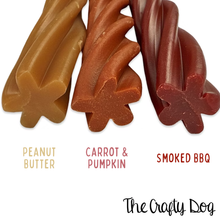 Load image into Gallery viewer, 25cm Long Dog Chew - Twist Dental Stick - Vegan - Peanut Butter, Carrot + Pumpkin or Smoked BBQ -
