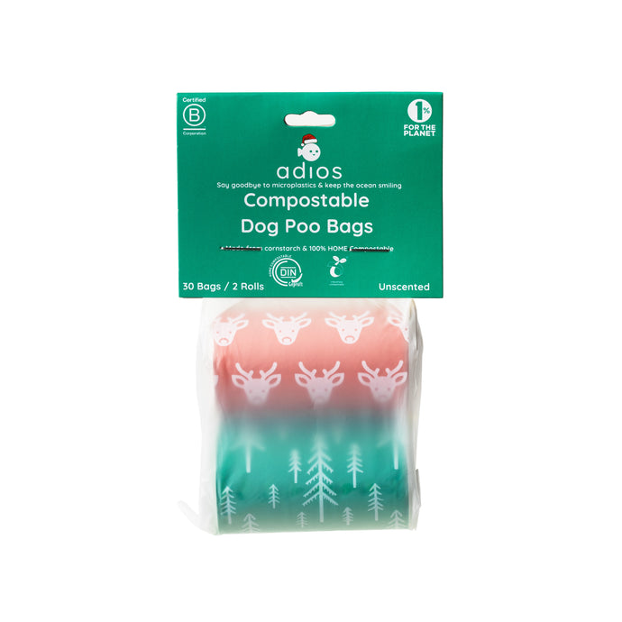 Adios Poop Bags Pre Packed 2 Rolls - Winter Edition - Red Reindeer & Green Pine Trees
