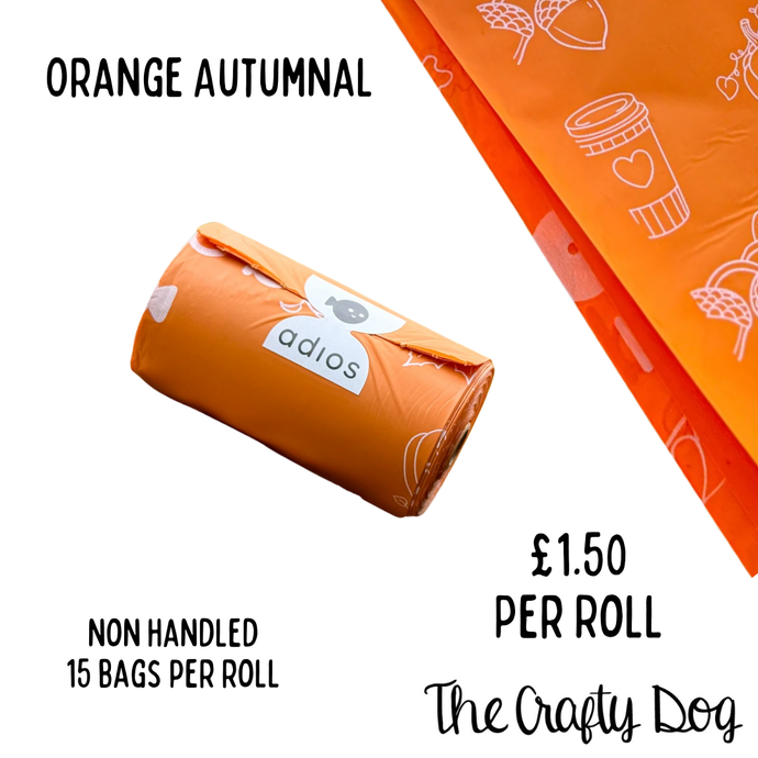 Adios Poop Bags Individual Rolls - Autumnal Orange Edition - Pumpkins Acorns PSL