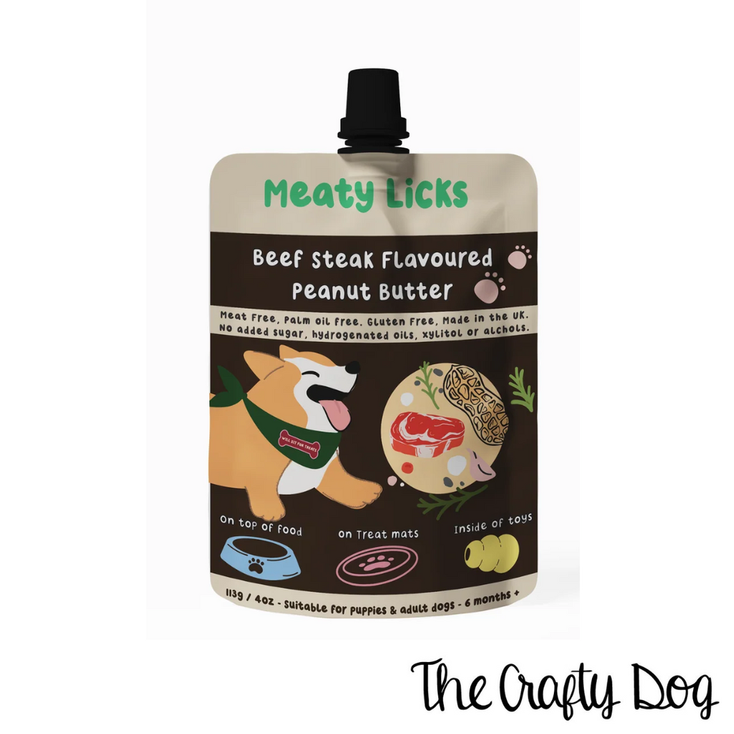 Meaty Licks Peanut Butter Pouches - 113g / 4oz - Beef Steak, Roast Chicken, Roast Turkey, Smokey Bacon, Birthday Cake, Calming, Strawberry Jam & Original Peanut Butter