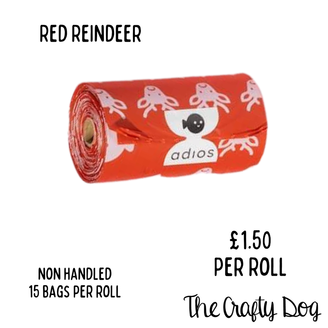 Adios Poop Bags Individual Rolls - Winter Edition - Red Reindeer or Green Pine Trees