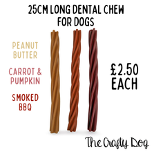 Load image into Gallery viewer, 25cm Long Dog Chew - Twist Dental Stick - Vegan - Peanut Butter, Carrot + Pumpkin or Smoked BBQ -