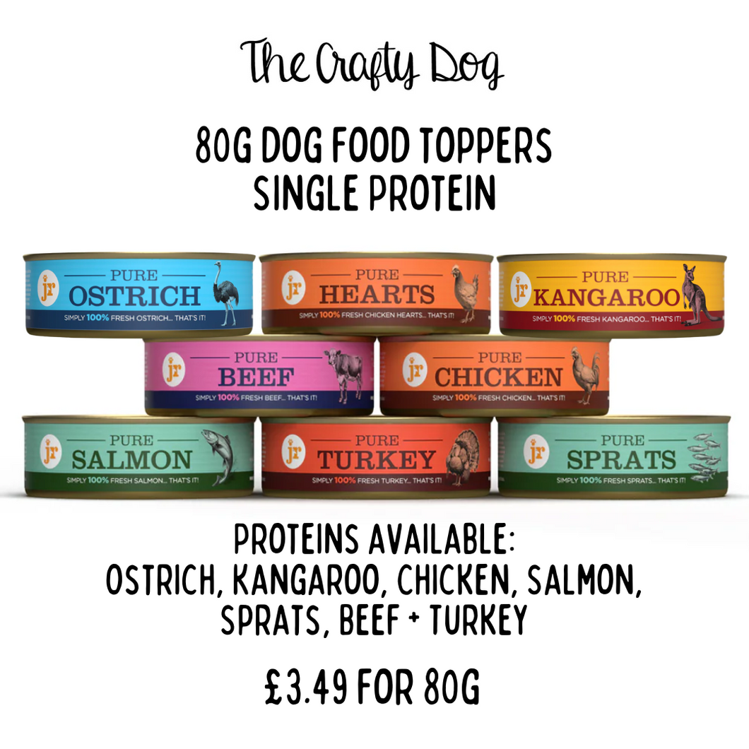 JR Pet Products - 80g Dog Food Toppers Mixers - Sprats, Chicken, Turkey, Salmon or Beef