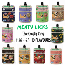 Load image into Gallery viewer, Meaty Licks Peanut Butter Pouches - 113g / 4oz - Beef Steak, Roast Chicken, Roast Turkey, Smokey Bacon, Birthday Cake, Calming, Strawberry Jam &amp; Original Peanut Butter
