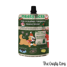 Load image into Gallery viewer, Meaty Licks Peanut Butter Pouches - 113g / 4oz - Beef Steak, Roast Chicken, Roast Turkey, Smokey Bacon, Birthday Cake, Calming, Strawberry Jam &amp; Original Peanut Butter