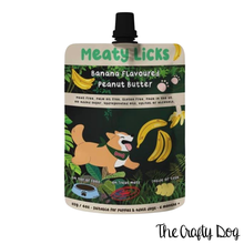Load image into Gallery viewer, Meaty Licks Peanut Butter Pouches - 113g / 4oz - Beef Steak, Roast Chicken, Roast Turkey, Smokey Bacon, Birthday Cake, Calming, Strawberry Jam &amp; Original Peanut Butter
