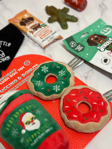 Gift Set THREE - Denzels Bites, Denzels Chews, Adios Poop Bags, Gingerbread Man Vegan Treats, Puppuccino + Donuts Toy + Bandana